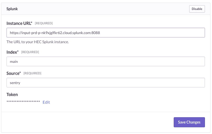 Splunk settings form